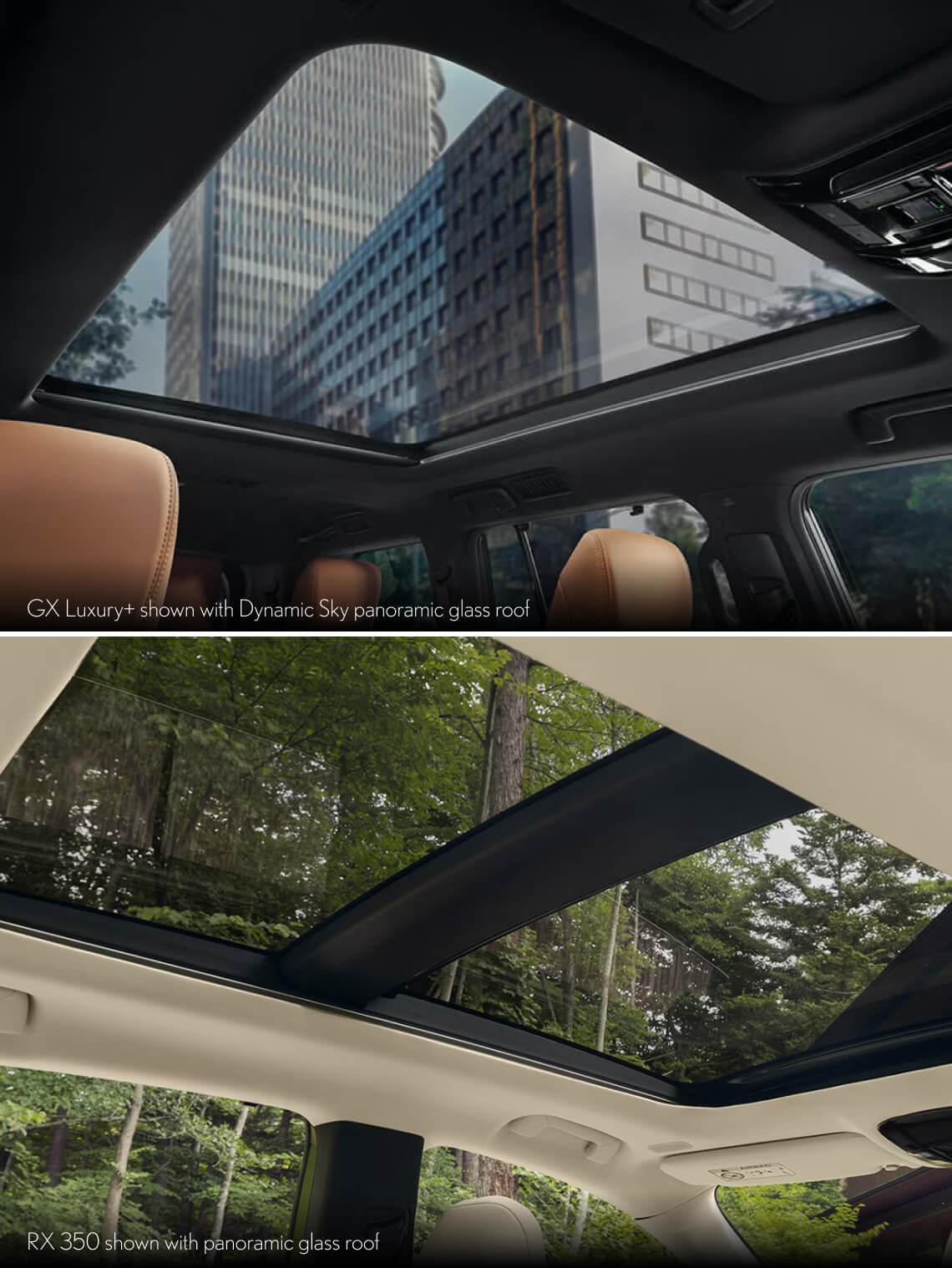 Interior shot of a Lexus GX Luxury+ with Dynamic Sky panoramic glass roof. Interior shot of Lexus RX 350 with panoramic glass roof.