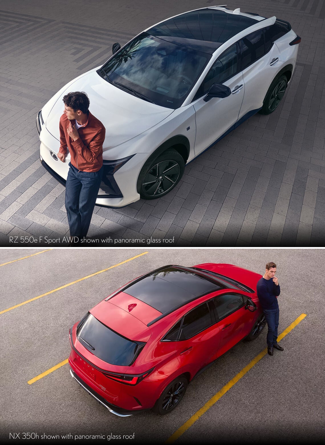 Exterior top-down shots of a white Lexus RZ 550e F Sport AWD and a red Lexus NX 350h, both with panoramic glass roof.